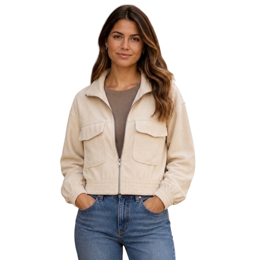 Aerie Corduroy Full Zip Cropped Jacket Cream Tan Beige Medium Utility Pocket